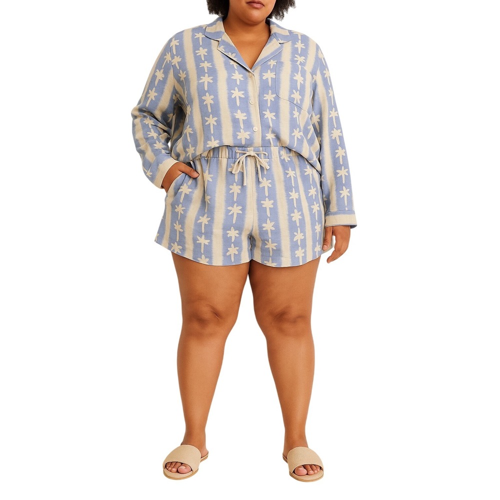 DESMOND & DEMPSEY Palm Stripe Pajama Set  Size XXL Cotton/Linen‎ Sleep